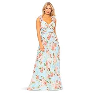 BETSY & ADAM  Floral-Print Ruffled Lace-Up Gown